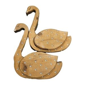 Vtg Wooden Duck/Goose Shaped Floral Wall Mounted‎ Note Mail Holder Set Of 2